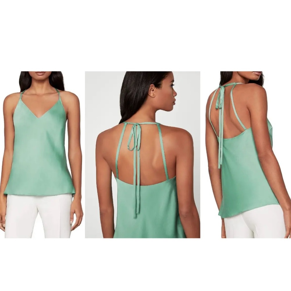 NWT! BCBGMAXAZRIA  V-Neck Silk Satin Tie-Back Top Sash Bow Camisole Green XXS